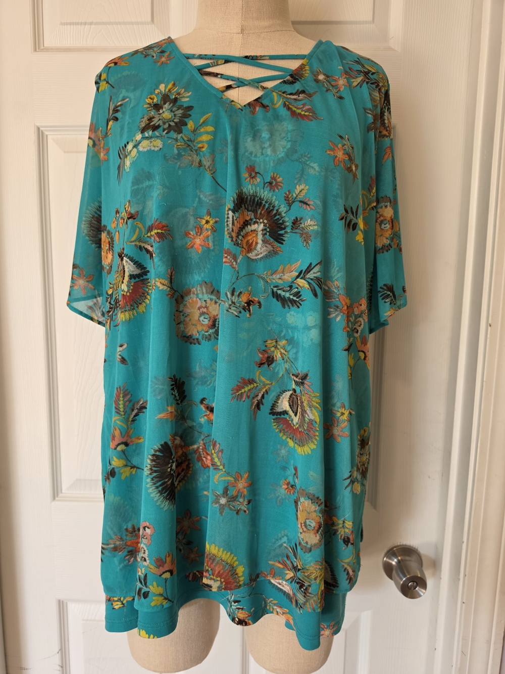 Catherines Teal Floral Crisscross Neck Tunic Size 1X
